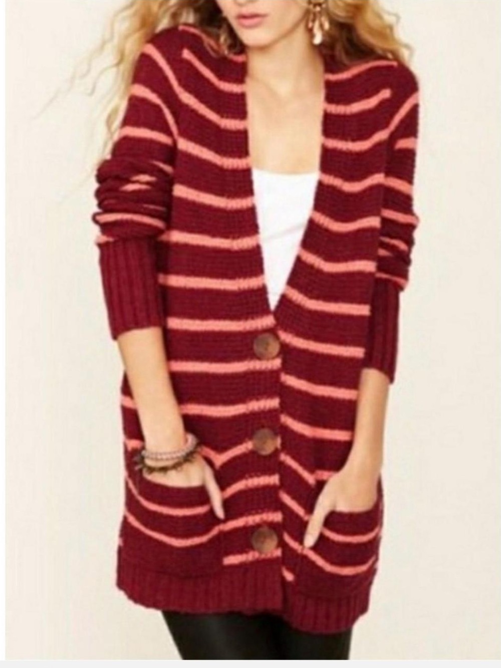 Free people Striped Burgundy and Pink Knit Cardigan Sweater size XS